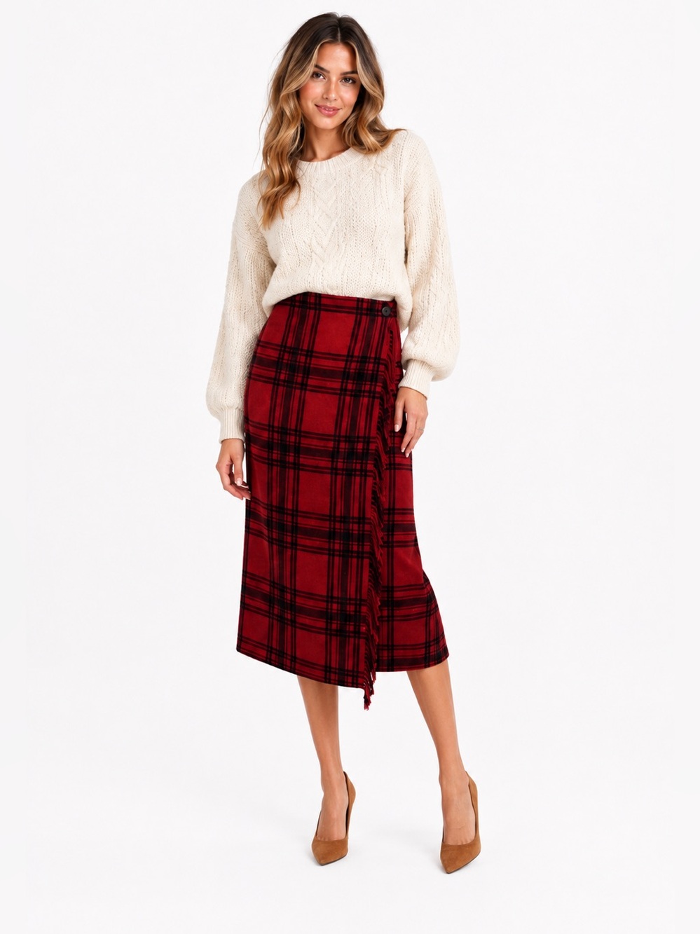 Vintage 90s Cambridge Country Wool Plaid Wrap Skirt Red Tartan Fringe Midi Size